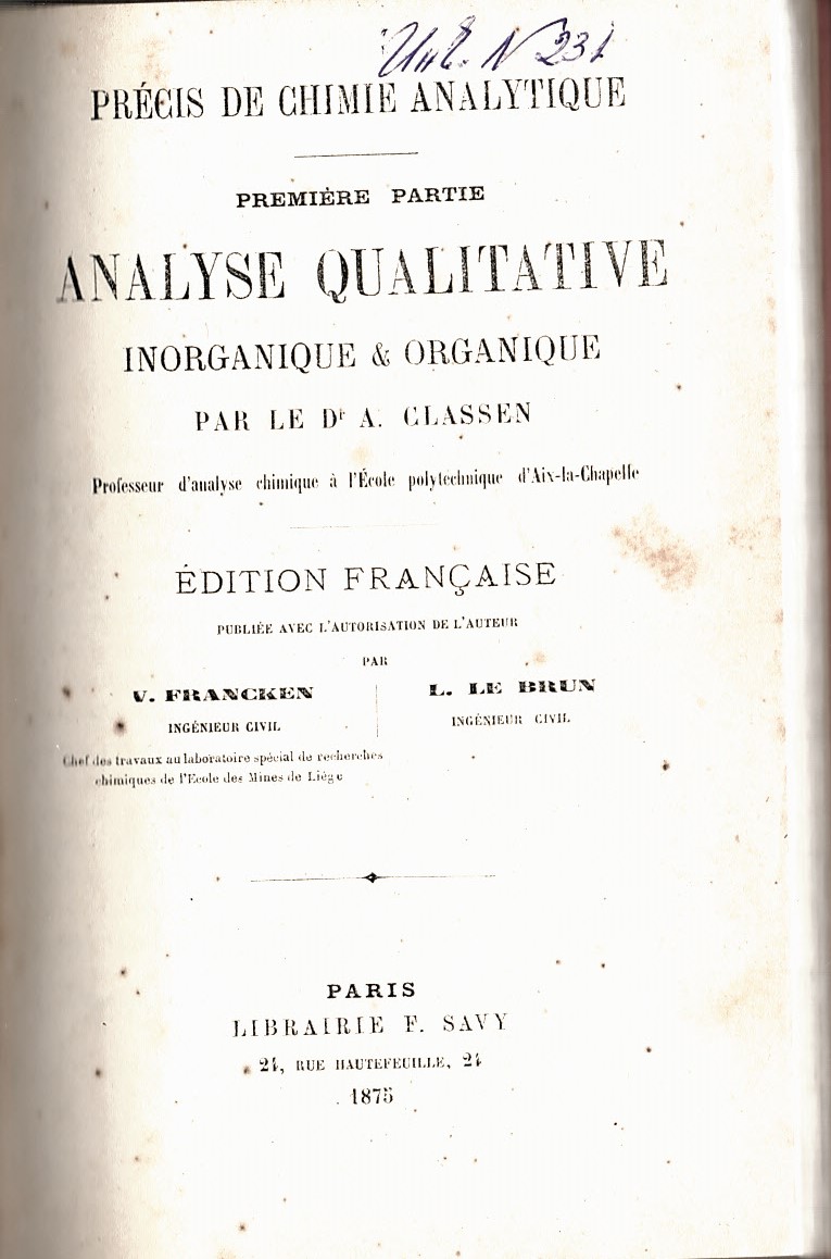  Premiere Partie. Analyse qualitative. Inorganique & organique