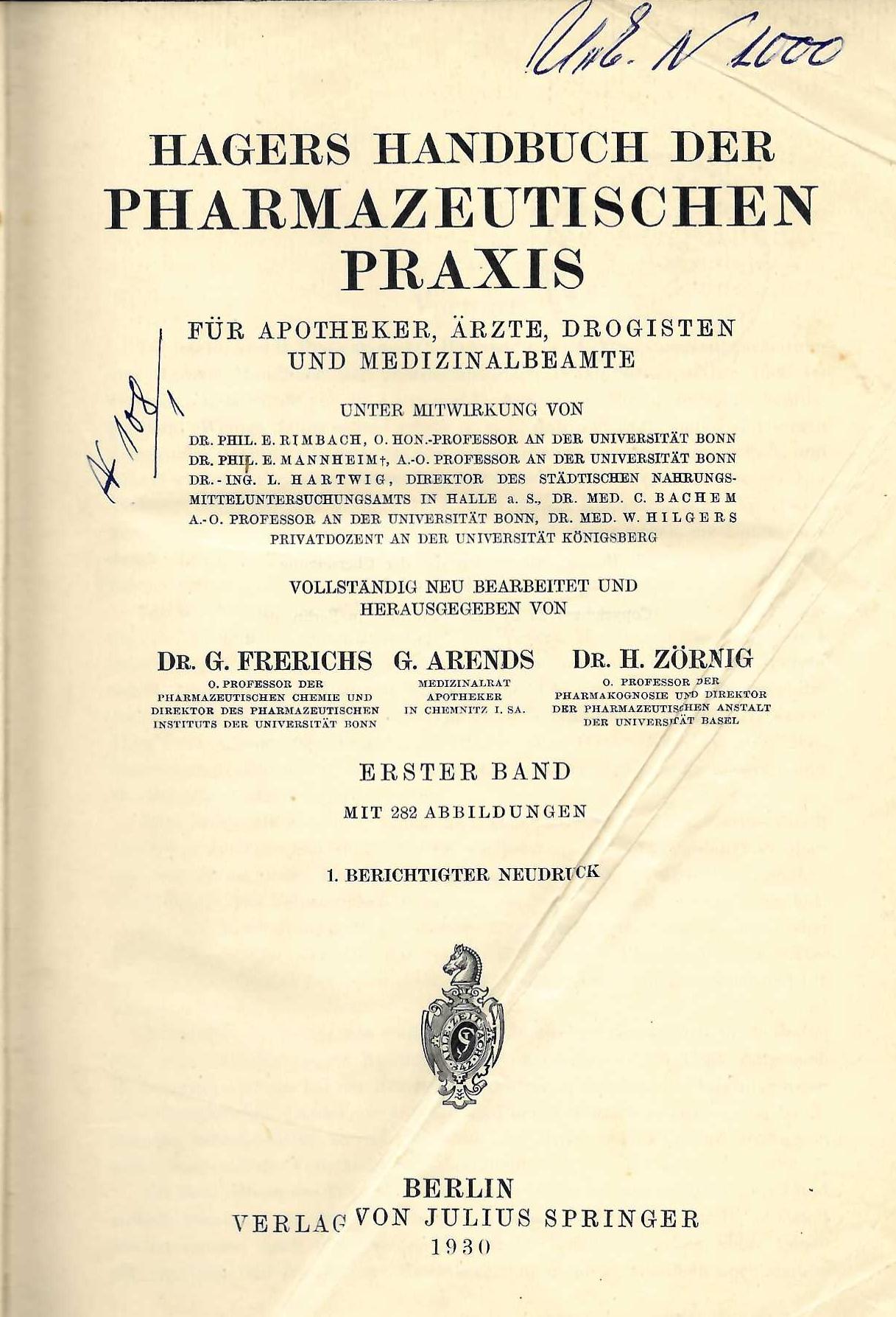  Hagers Handbuch der pharmazeutischen praxis, band 1