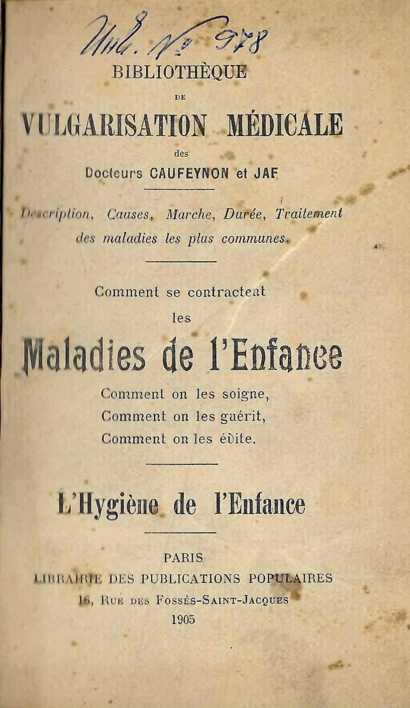  Bibliotheque de vulgarisation medicale. Maladies de l’Enfance