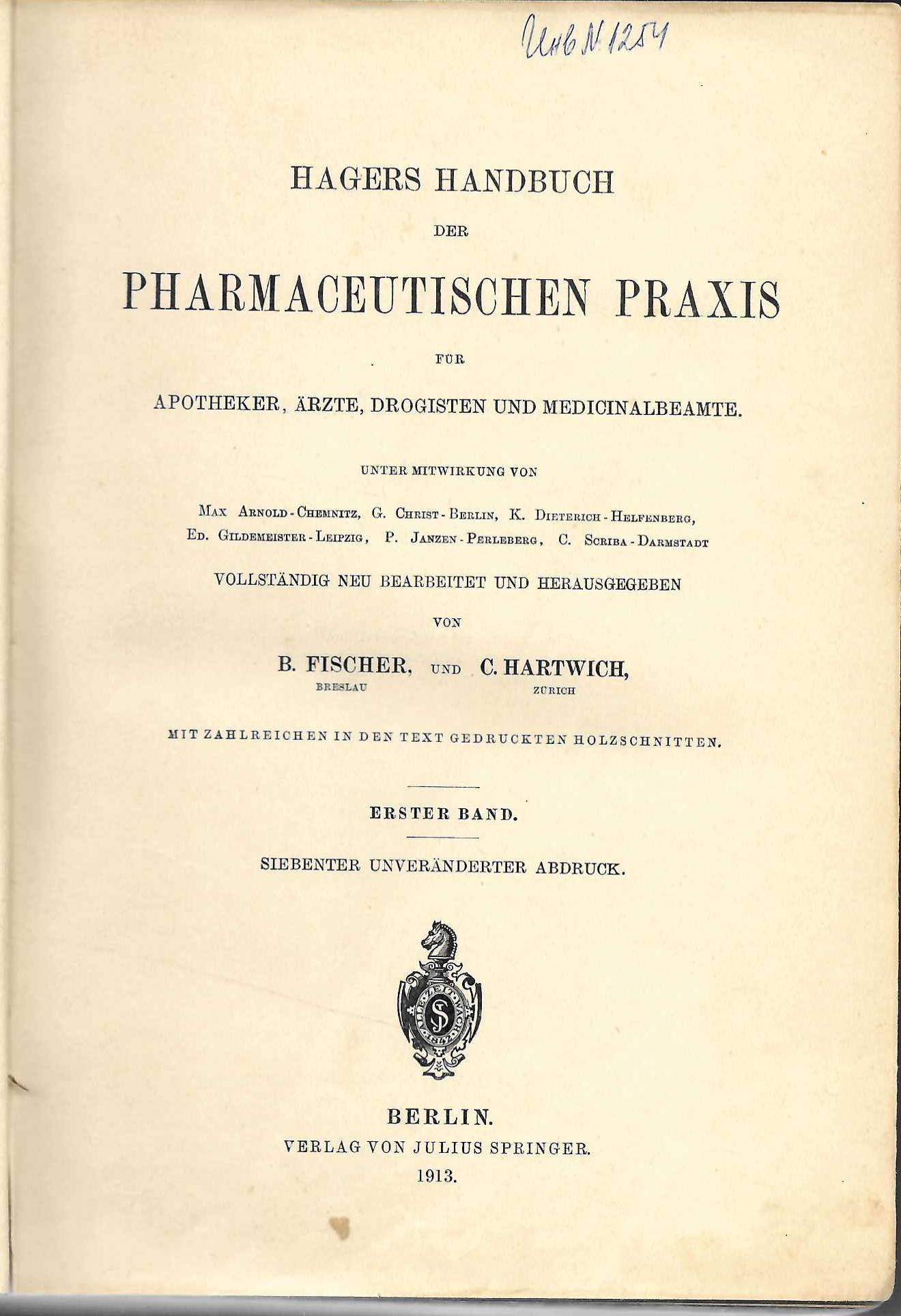  Hagers – Handbuch der pharmazeutischen praxis. t. I