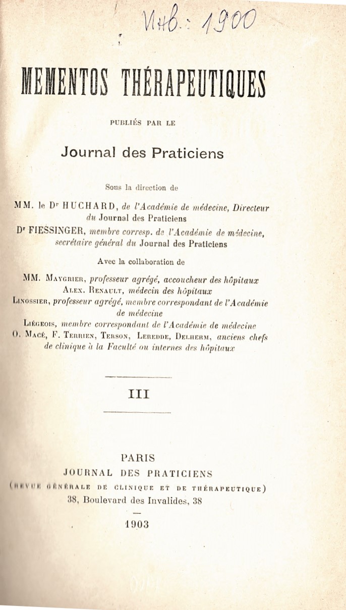  Mementos therapeutiques. Journal des praticiens, v. III   инв. № 1900
