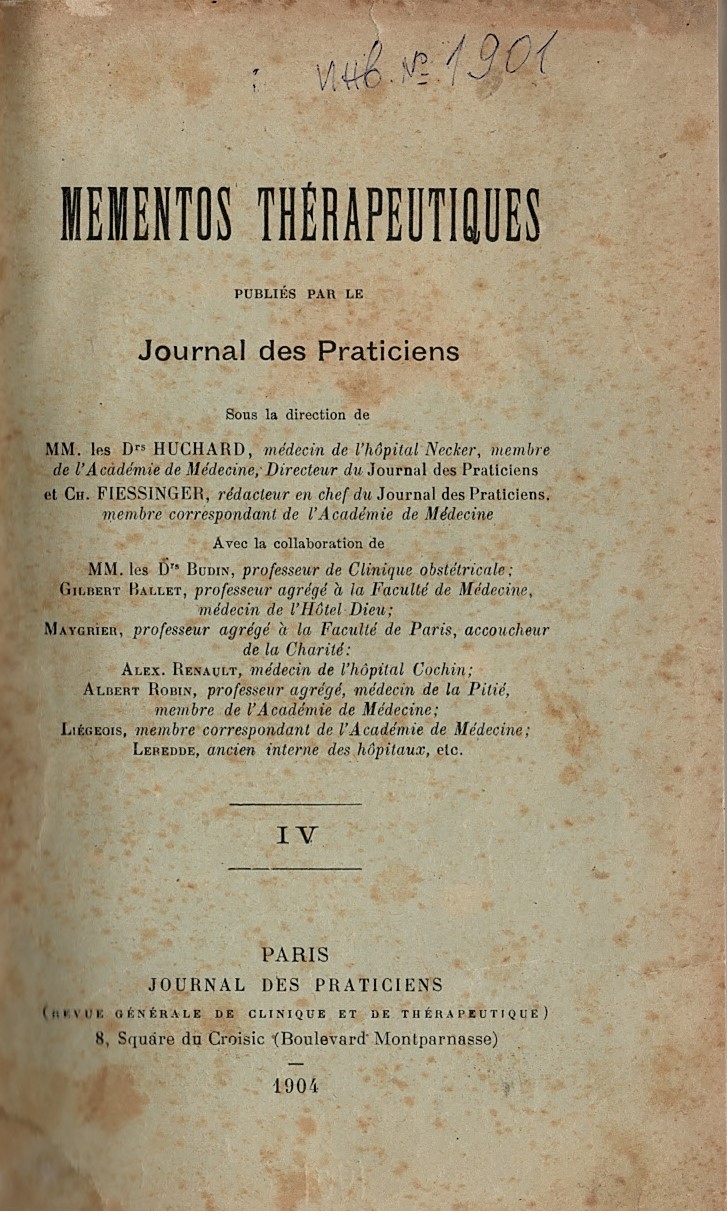  Mementos therapeutiques. Journal des praticiens, IV