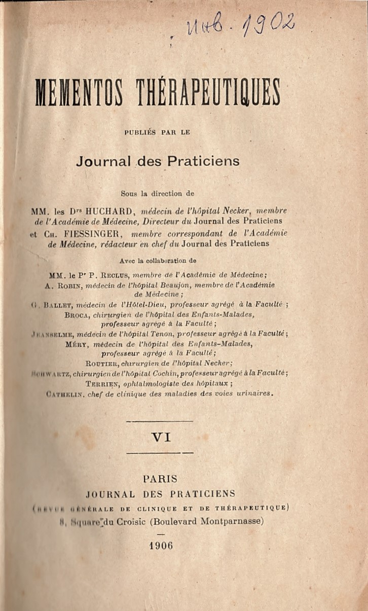  Mementos therapeutiques. Journal des praticiens, VI