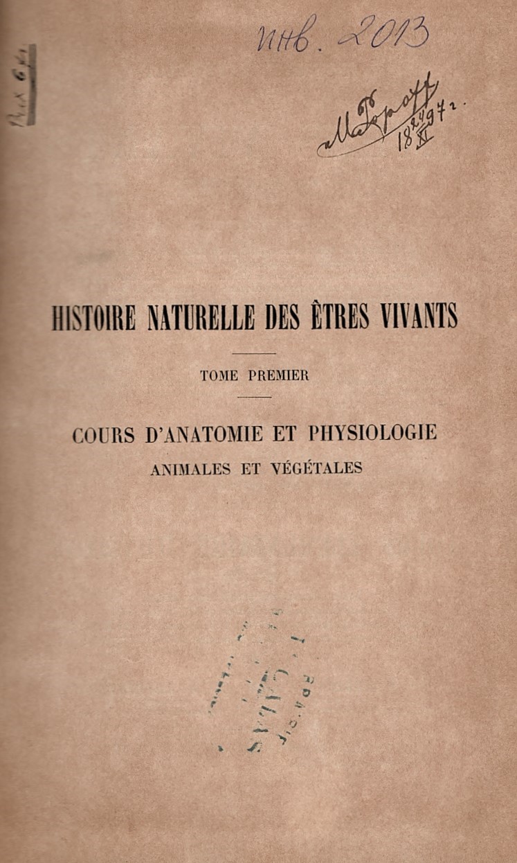  Histoire naturelle des Etres Vivants, tome I