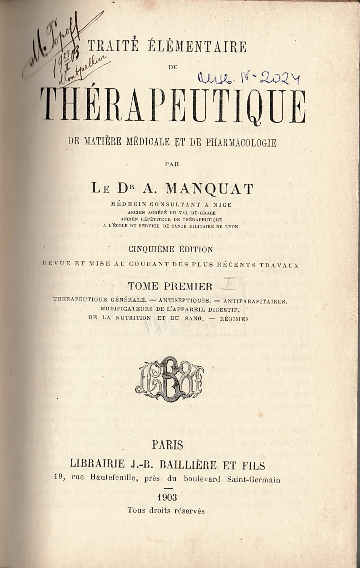  Traite elementaire de therapeutique de matiere et de pharmacologie, tome 1
