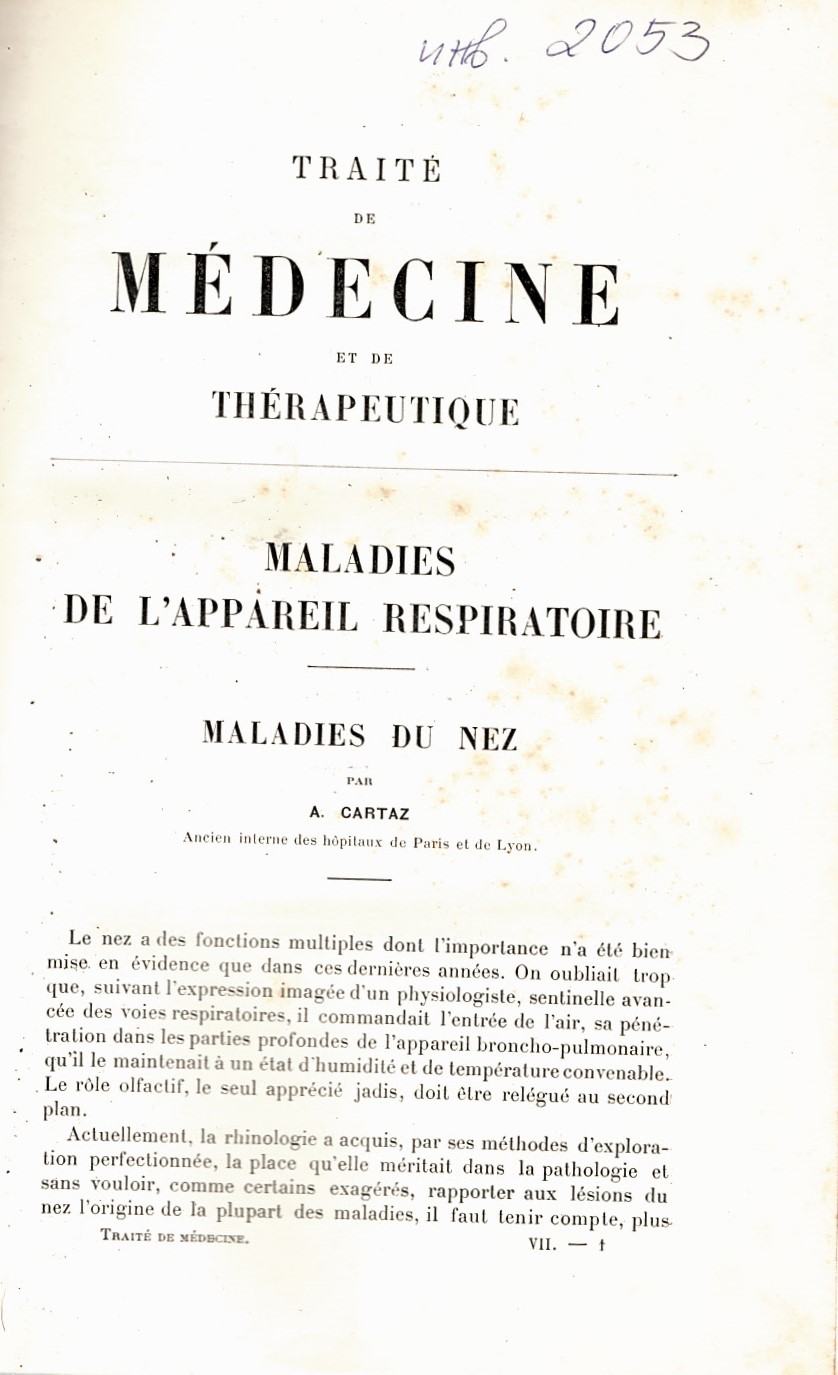  Traite de medicine et de therapeutique. Maladies de l'appareil respiratoire. Maladies du Nez