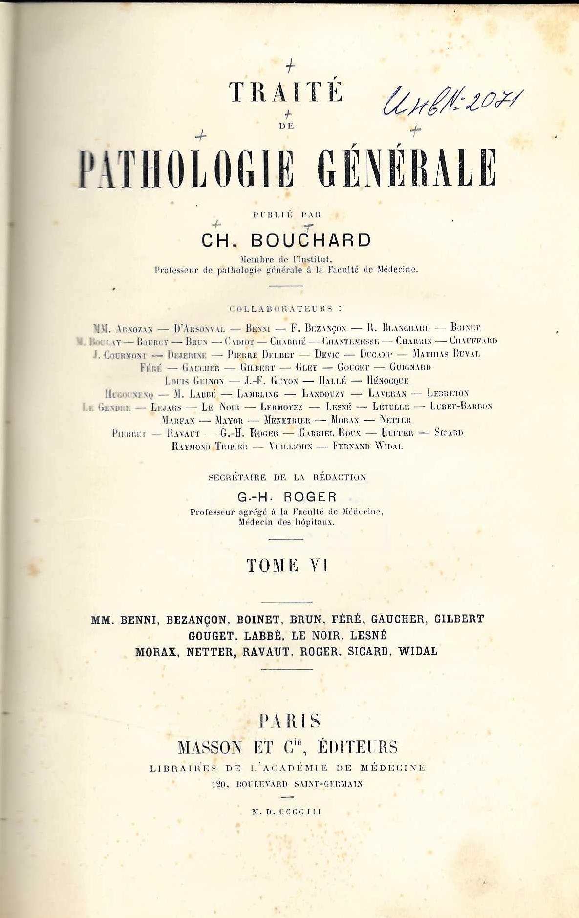   Traite de pathologie generale, tome 6