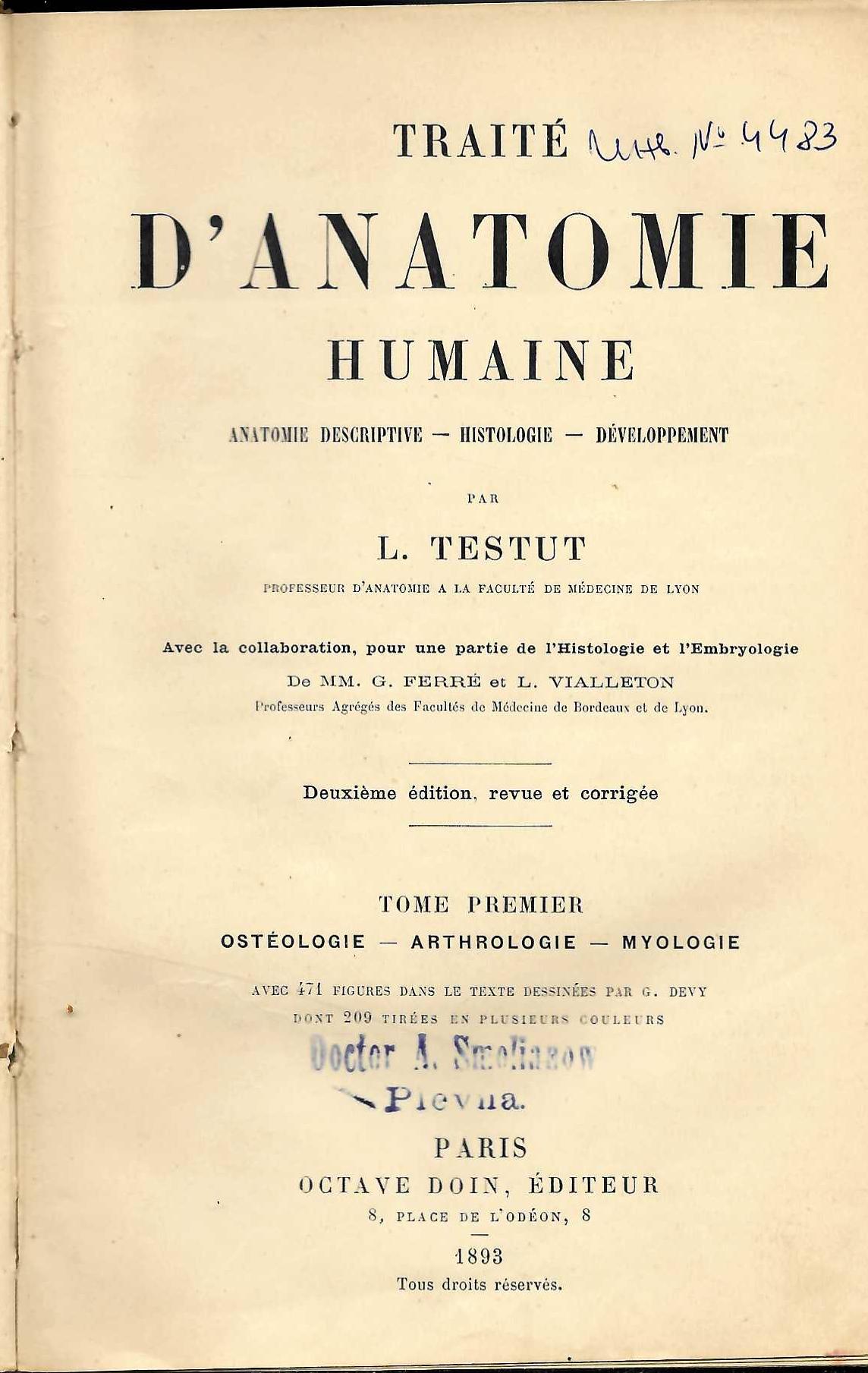  Traite d' Anatomie Humaine, Volume 1