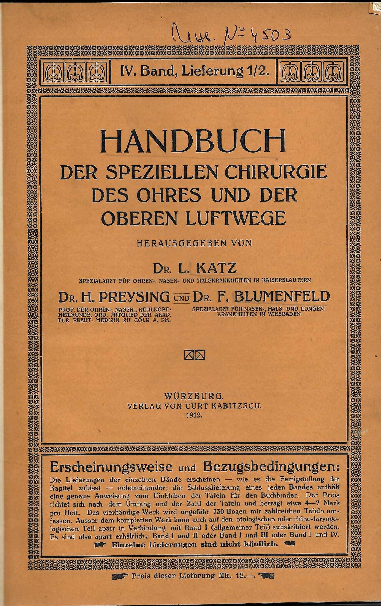  Handbuch der speciellen chirurgie des ohres  und der oberen  Luftwege  - b. IV