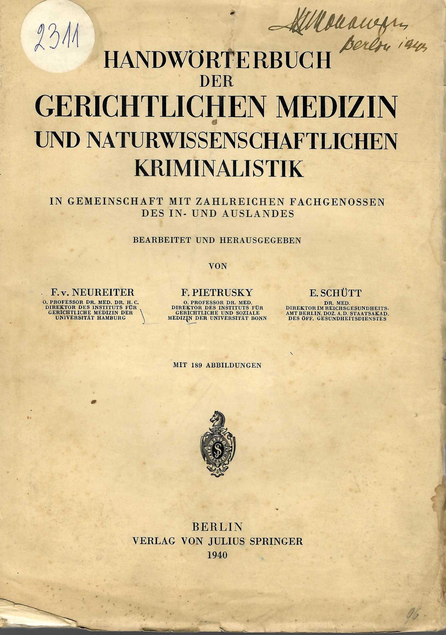  Handwörterbuch der gerichtlichen medizin und naturwissenschaftlichen kriminalistik