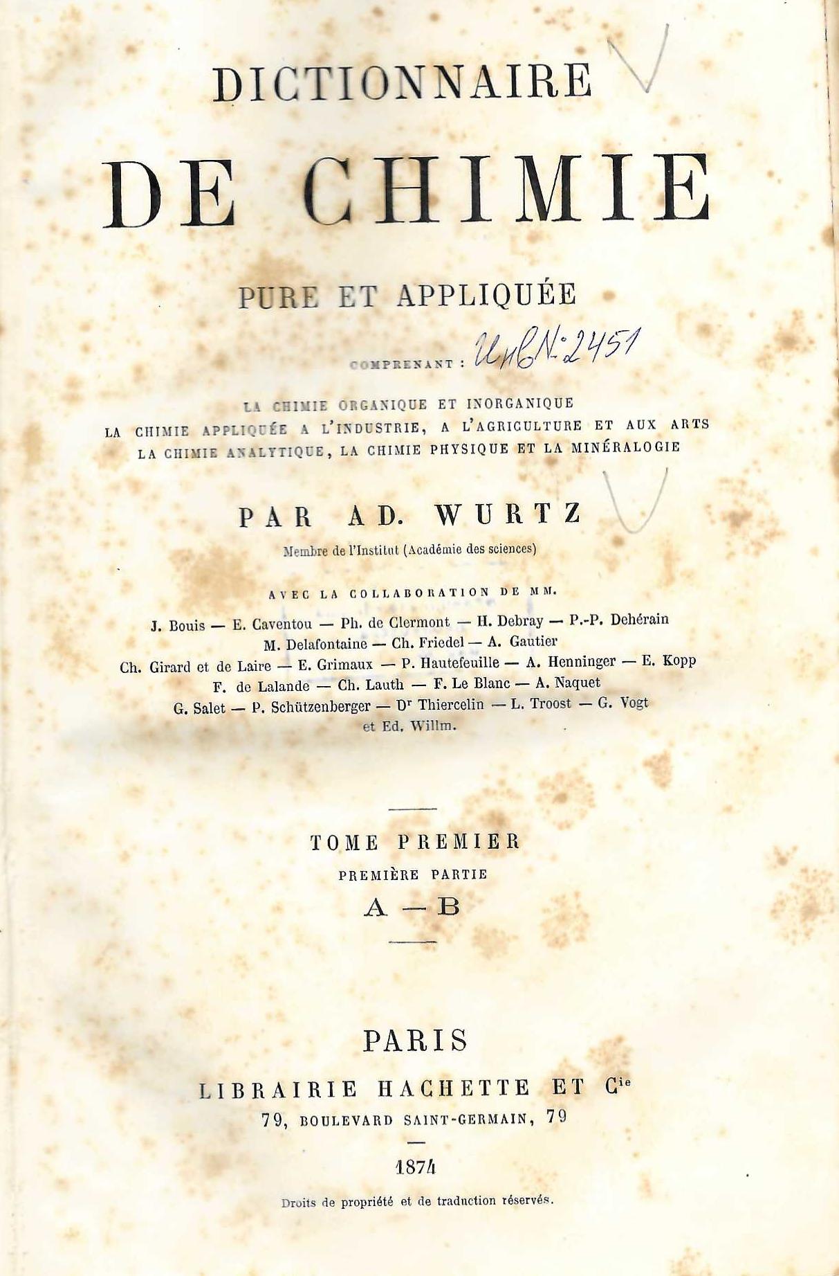  Dictionnaire de chimie pure et appliquée, tome 1:. A - B