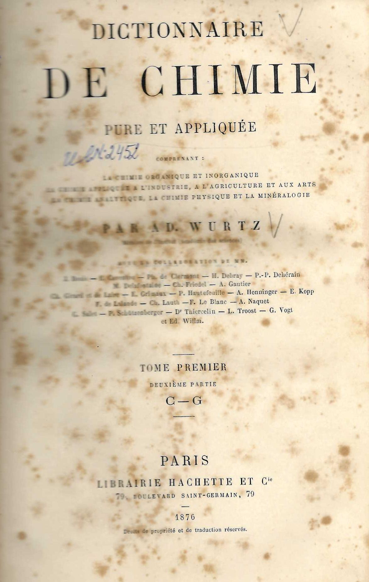  Dictionnaire de chimie pure et appliquée, tome 1: C - G