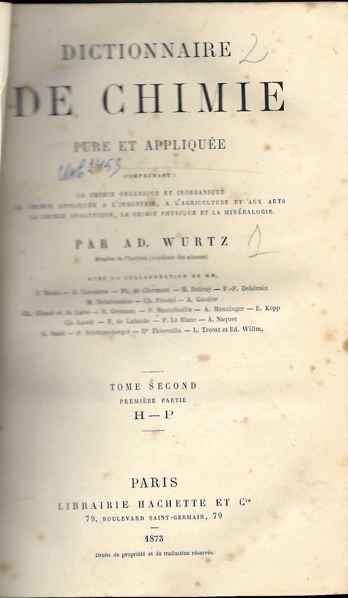  Dictionnaire de chimie pure et appliquée, tome 2: H- P