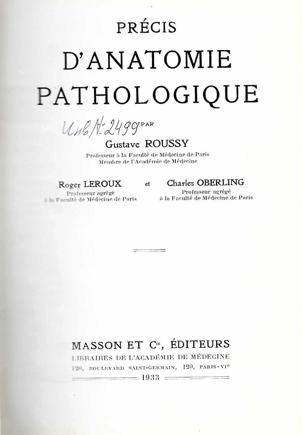  Precis d'anatomie pathologique, tome 1