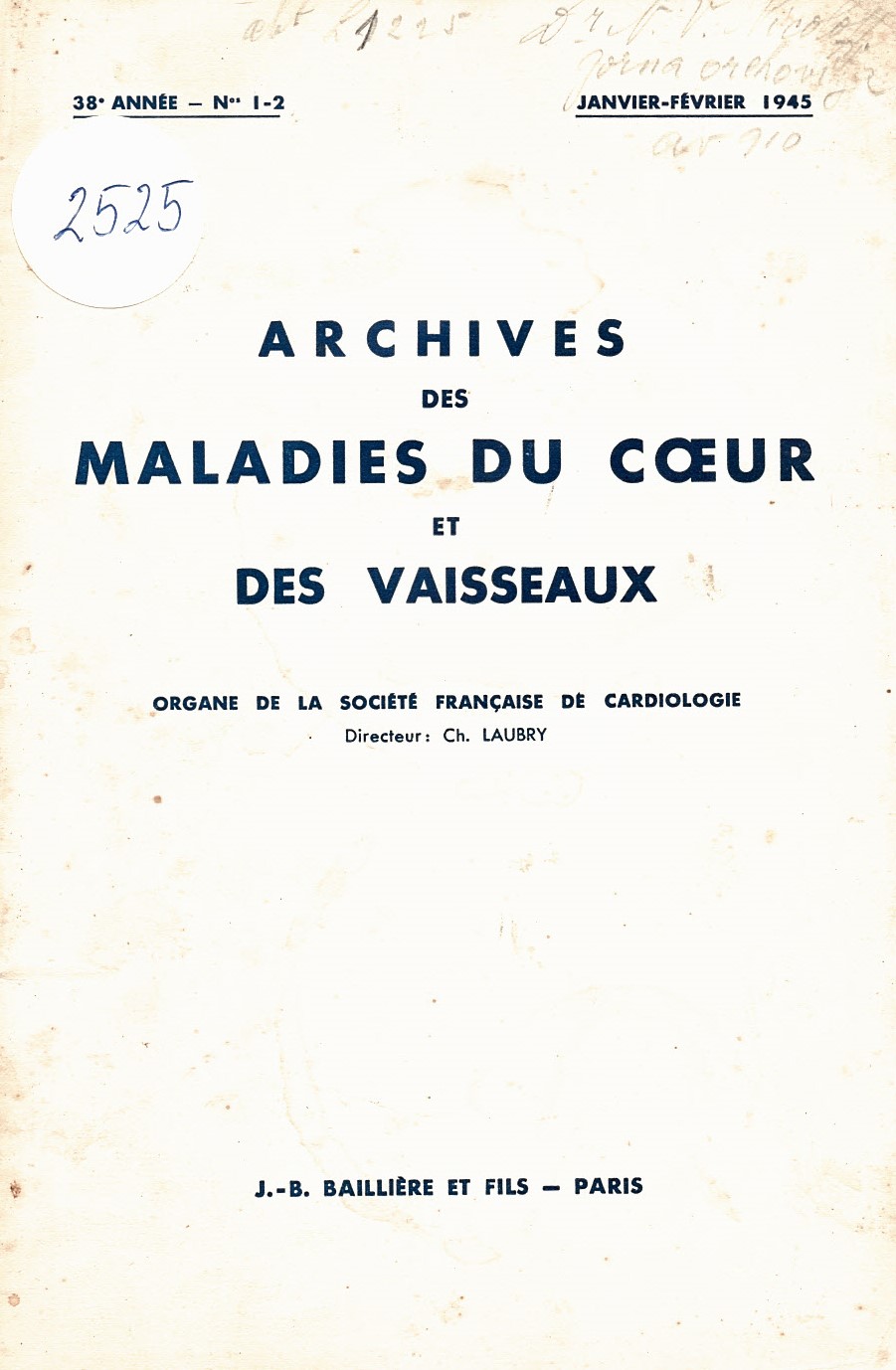 Archives des maladies du coeur et des vaisseaux,1945 год., № 1 - 2