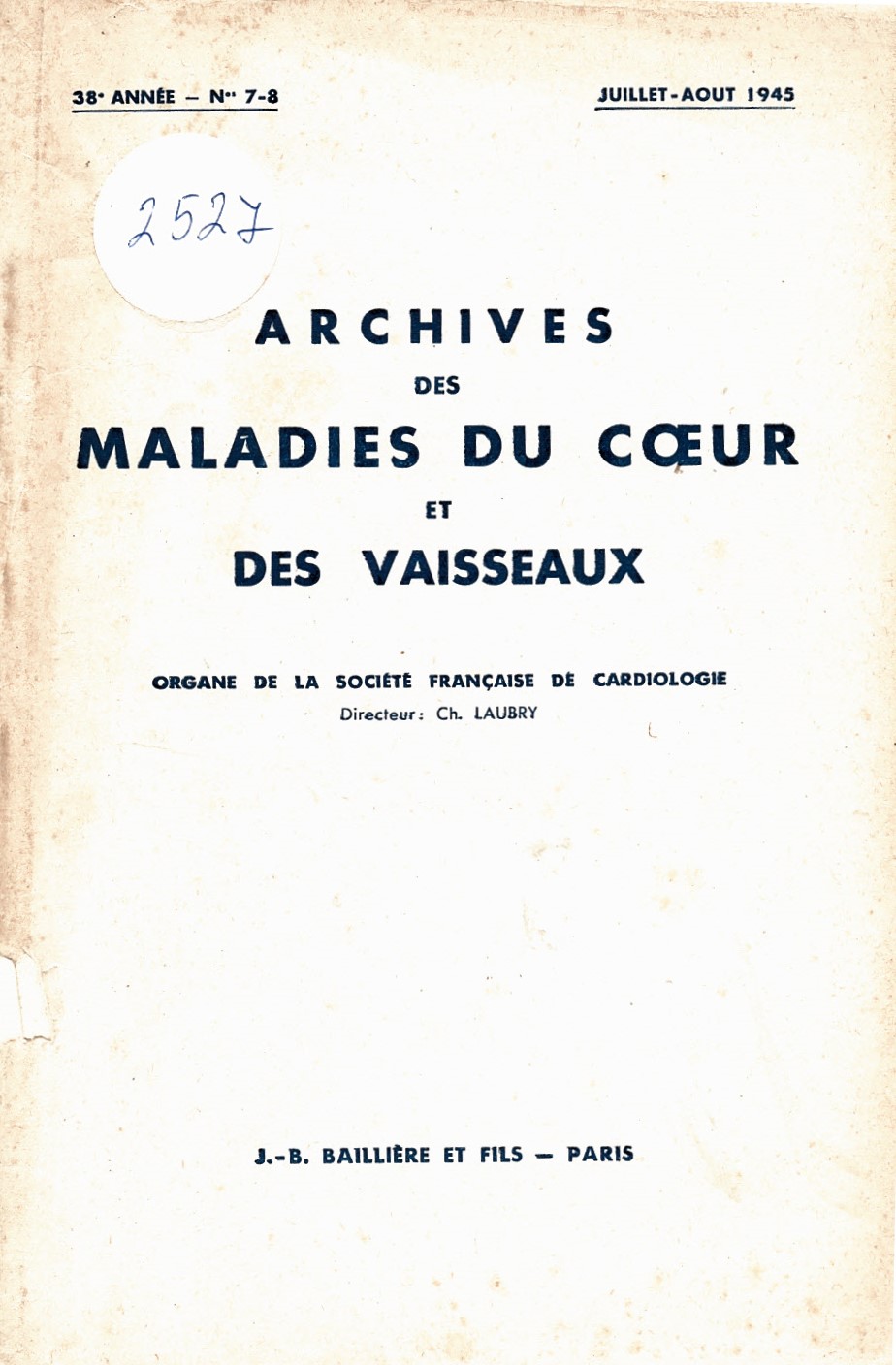  Archives des maladies du coeur et des vaisseaux, 1945 год., № 7 - 8