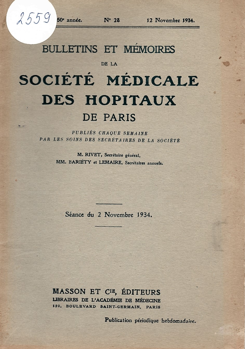  Bulletins et memoires de la societe medicale des hospitaux de Paris,  № 28, 1934 г.