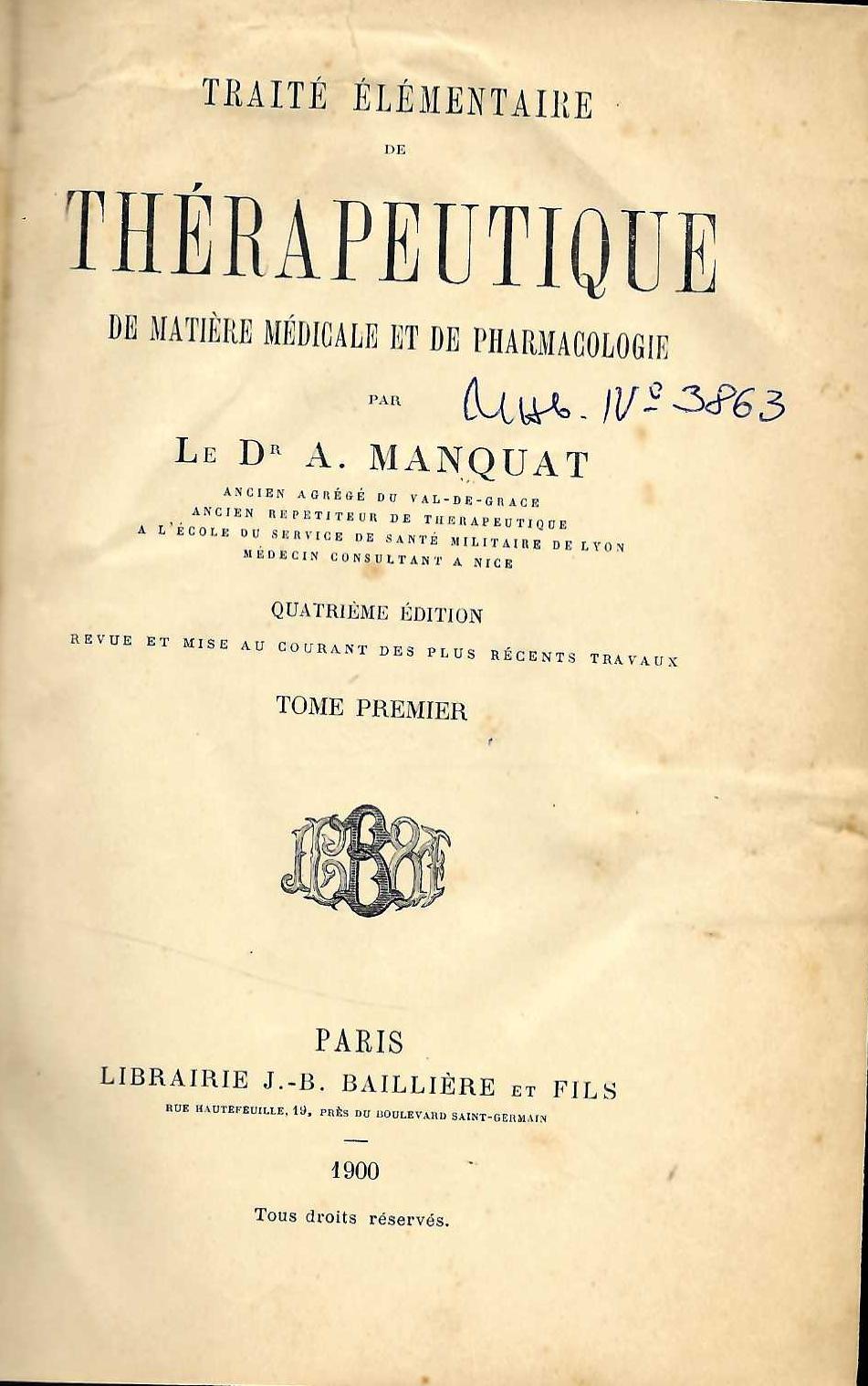  Traite elementaire de therapeutique, t. I